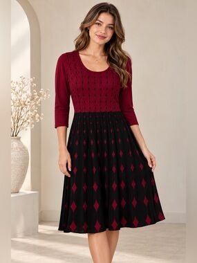 Nina Leonard XL Red Black Knit Fit & Flare Dress